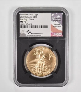 MS70 2020-W $50 American Burnished 1 Oz .999 Gold Eagle FDOI Mercanti NGC *1419 - Picture 1 of 3