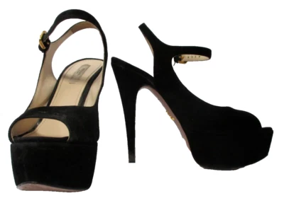 Tacones de plataforma alta de gamuza negros PRADA con correa para el tobillo y punta abierta - talla 37,5 Foto 1 de 4