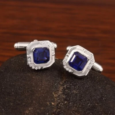 Gemelos para hombre enchapados en oro blanco de 14 quilates corte Asscher zafiro azul creado en laboratorio Foto 1 de 4