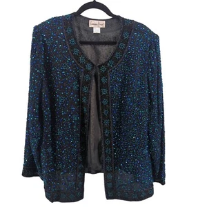 VTG Laurence Kazar Women’s Size 2X Party Jacket Black Beaded Sequin Formal Silk - Picture 1 of 12