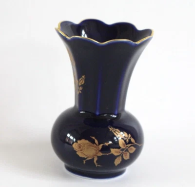 BAREUTHER schöne VASE kobaltblau Goldrand & Goldblumen ca. 10 cm hoch - Bild 1 von 4