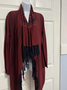 M Rena RED and Black Open Fringe Cardigan Sweater Large - Picture 1 of 7