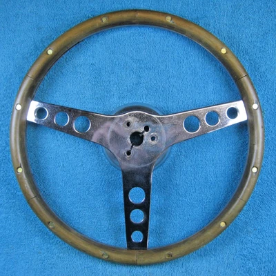Vintage 13.5" Wood Steering Wheel Chrome Center Woodgrain Superior? Grant? Old - Image 1 of 4