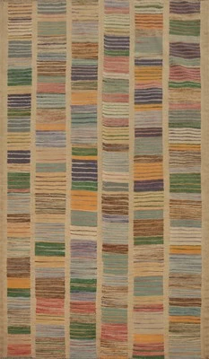 条纹边饰手工编织地毯 4x6 蔬菜染料现代风格 Kelim 地毯 — 第 1/4 张图片