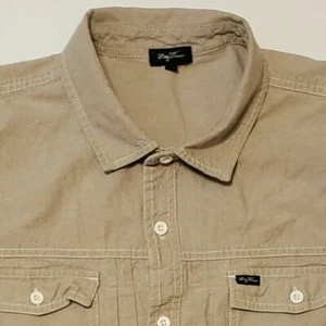 LRG Wovens Shirt Large Short Sleeve Tan Khaki Denim Chambray - Picture 1 of 3