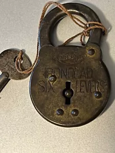 VINTAGE CORBIN IRONCLAD 6 LEVER LOCK PADLOCK Steampunk Antique KEY Patent 1914 - Picture 1 of 6