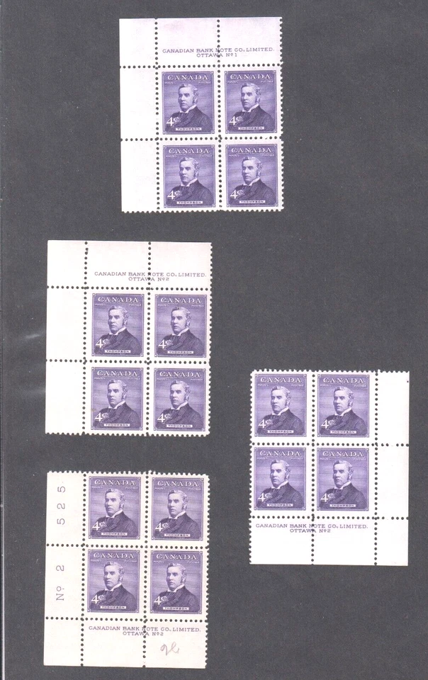 CANADA #349 4¢ VIOLET 1954 JOHN THOMPSON 4 MINT NEVER HINGED STAMP PLATE BLOCKS - Image 1 of 1