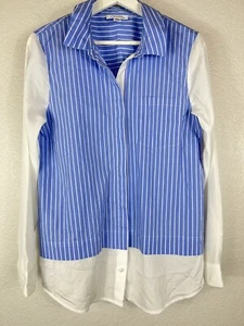 Calvin Klein Women's Layered Look Blue Striped Button Down Dress Shirt Sz M - Picture 1 of 9