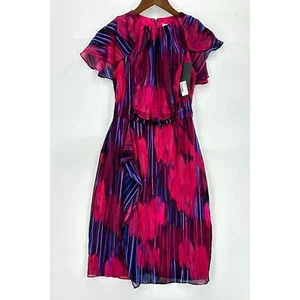 Halston Heritage Dress Womens Sheath Lined Printed Flutter Sleeves Ruffle Pink 2 - Picture 1 of 12