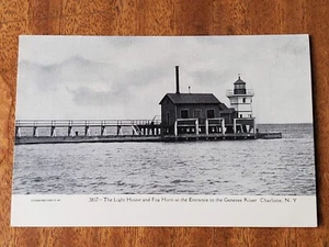 Postal de The Light House and Fog Horn a la entrada del río Genesee Charlotte NY - Imagen 1 de 2