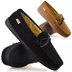 Mens Leather Slippers Fur Lined Sheepskin Wide Memory Foam Moccasin Shoes Size - Picture 1 of 32