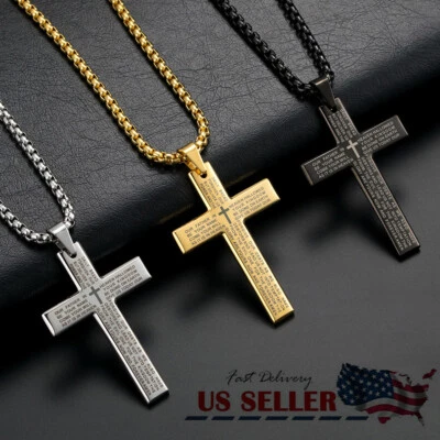 Men Boys Stainless Steel Cross Pendant Necklace  Lord's Prayer Bible Chain 24" - Image 1 of 3