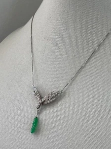 Contemporary Carved Jadeite Diamond 14k White Gold Drop Necklace - Picture 1 of 9