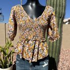 Womans Floral Smocked Peplum Blouse Size Large By Vigoss