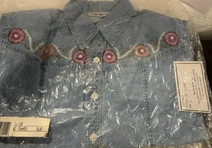 Studio West Womens Beaded Embroidered Denim Short Sleeve Shirt Western~NOS~NEW~L - Picture 1 of 6