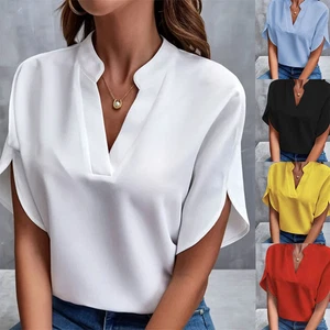Ladies T Shirt Summer Short Sleeve Womens V Neck Blouse Loose Office Pullover - Picture 1 of 20