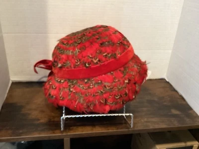 Vintage Women’s Hat, Red Feathers, Red Ribbon, By Carol Ann. - Image 1 of 4