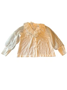 Vintage Lee Mar Pageant White Lace Ruffle Collar Blouse Sheer Sleeves Large - Picture 1 of 7