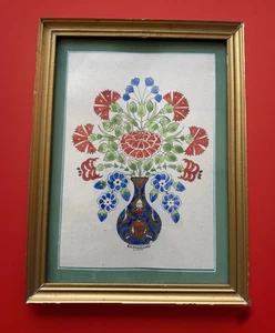 Iznik Style Turkish Watercolor Carnations Flowers in Vase Watercolor Signed BEMA - Picture 1 of 16