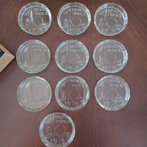 Vintage 1939 Worlds Fair New York Coaster Glass Ash Tray Set of 10 RARE SET - Picture 1 of 15