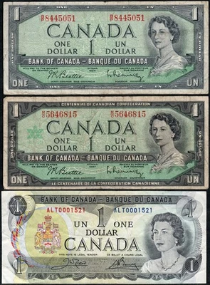 ЛОТ ИЗ ТРЕХ РАЗЛИЧНЫХ КАНАДСКИХ БАНКНОТ НОМИНАЛОМ 1 ДОЛЛАР (1954-1973) - Изображение 1 из 2