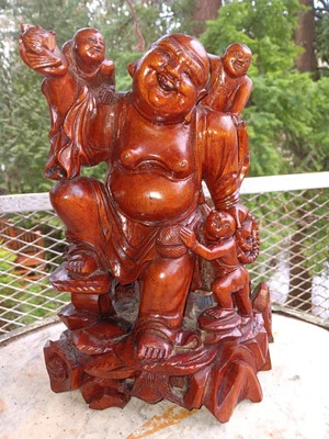 Asian Brown Box wood Carved Buddha-Babies Figurine glass eyes antique - Image 1 of 4