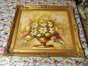 Original Gemälde Öl auf Leinwand signiert von T. Denver Blumenstrauß Lilien - Bild 1 von 6