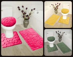 ROCK DESIGN BATHROOM 3PC SET BATH MAT RUGS LID COVER SOFT MEMORY FOAM NEW  - Picture 1 of 20