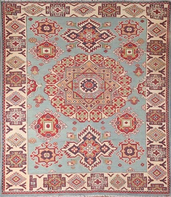 Geometric Light Blue Super Kazak Oriental Area Rug 5'x6' Wool Handmade Carpet - Image 1 of 4