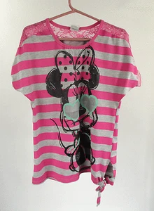 Camicia Disney Minnie Mouse a righe pizzo rosa grigio grafica bambina taglia L 12/14 - Foto 1 di 10