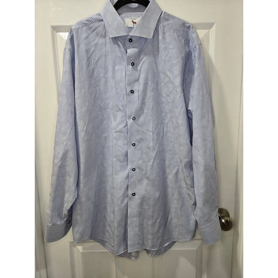 Lorenzo Uomo Blue Striped Trim Fit Dress Shirt Button Down Collar SZ 17.5 34/35 - Image 1 of 4