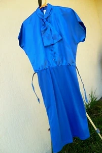 VTG 80S L XL SATIN SHINY TOP KNIT SKIRT DRESS BOW TIE DISCO BATWING BELTED WOMEN - Picture 1 of 11