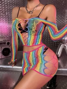 Sexy Rainbow Net Crop Top Mini Skirt Rave EDC Dancer Outfit Set - Picture 1 of 3