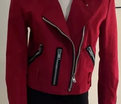 罕见红色摩托车夹克 Betsy Johnson NYC 真品 70 年代 80 年代朋克复古 S 码 6 — 第 1/4 张图片
