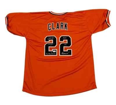 Jersey naranja personalizado firmado por Jack Clark Auto Giants con 3 insertos Beckett con certificado de autenticidad BAS Foto 1 de 2