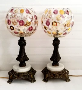 Set of 2 Vintage Lamps Czech Glass Optic Coin Dot Cast Metal White Marble 16"H - Picture 1 of 17