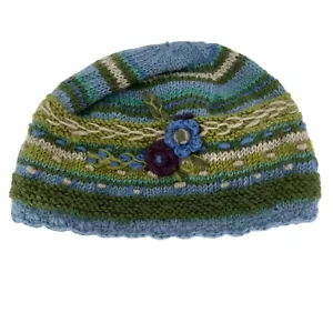 Lost Horizons Hat Wool Beanie Floral Lined Handmade In Nepal Green Blue - Picture 1 of 7