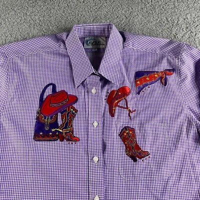 NUEVA Camisa Las Olas Para Hombres Mediana Púrpura Cuadros Guinga Bordada Vaquero Occidental Foto 1 de 4