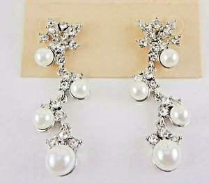 NOS Kirks Folly "Crystal Faux Pearl Drop" Pierced Earrings - Silver Tone - Picture 1 of 7