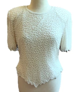 Top Laurence Kazar vintage anni 80 seta perline paillettes taglia Petite L avorio perla - Foto 1 di 10
