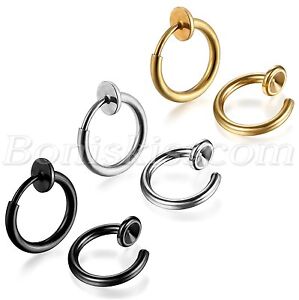 Mens Women Stainless Steel Clip on Non-pierced Hoops Nose Lip Ear Rings Earrings