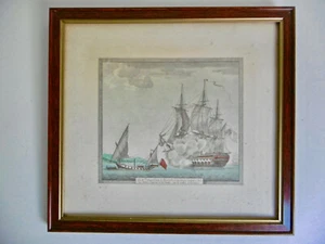 GRAVURE MARINE 74 CANONS COULANT UN CHEBEC ALGERIEN DE 18 CANONS 31,5 x 29 cm - Picture 1 of 7