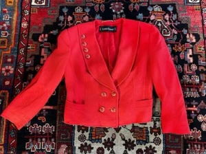 Vtg Louis Feraud Designer Blazer Jacket Coral Red Org Wool Gold Buttons Crop M/L - Picture 1 of 7