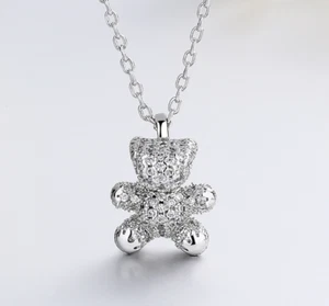 Tiny Silver 3D Teddy Bear Pave Cubic Zirconia Pendant Chain Necklace - Picture 1 of 2