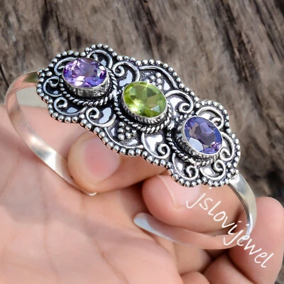 Faceted Amethyst,Peridot Cut Gemstone Bangle 925 Sterling Silver Attractive Cuff - Image 1 of 4