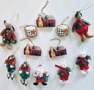 Lot 12 Country Folk Art Christmas Ornaments Primitive Santa Elf Moose Dog House - Picture 1 of 17