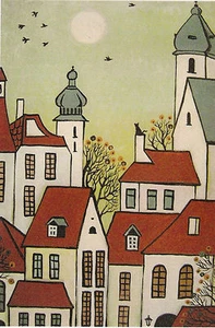 4X6 ABSTRACT FOLK ART PRINT OF PAINTING RYTA RAVEN CROW BLACK CAT HOUSES village - Picture 1 of 1