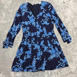 Draper James Geranium Floral Tie Sleeve Dress Size 12 Nassau Navy Long Sleeve - Picture 1 of 9
