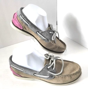 Timberland Classic Boat 8018B Grey Tan Pink Suede Casual Ladies Shoes Sz 7 - Picture 1 of 8