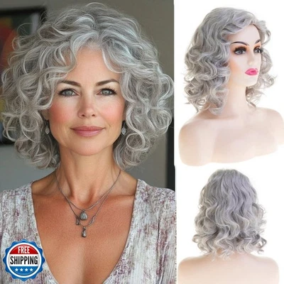 Perucas femininas Wiwige curtas cinza onduladas cinza comprimento do ombro peruca bob encaracolada Synt - Imagem 1 de 4